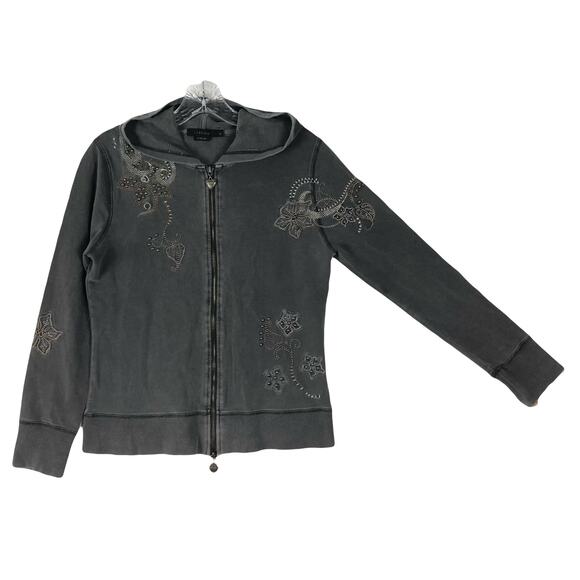 NWOT VINTAGE VERTIGO Hoodie M Grey Studded Floral Embroidery Logo-Metal-HeartZip